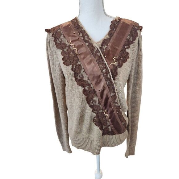 Vintage 80s Enfin Marcia Hand Loomed Brown Lace Knit Sweater M Ruffles - Picture 1 of 7